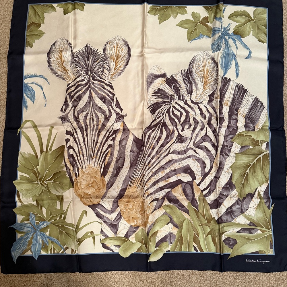 Ferragamo silk 90cm scarf beige browns and black